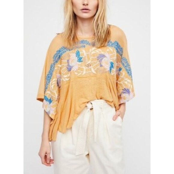 Free People Love Letter Top Embroidered Yellow Boho Cotton Oversized Womens S - Picture 1 of 8
